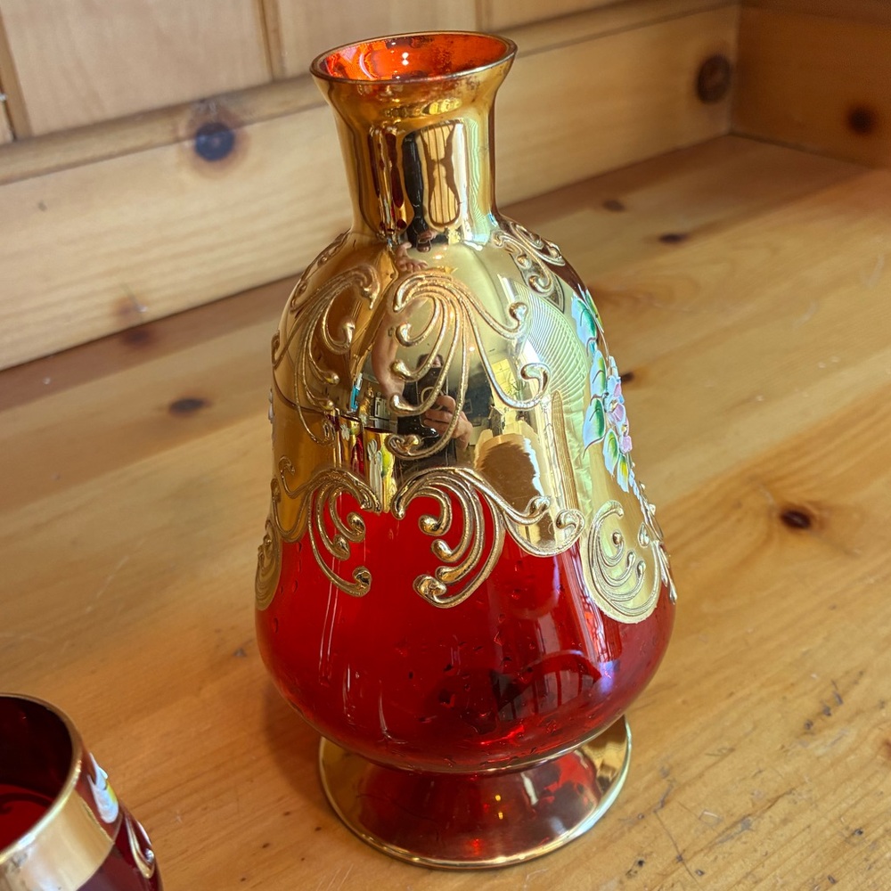 Vintage Ruby Red Murano Handblown Glass Decanter Set 24 Karat Gold - Picture 7 of 10